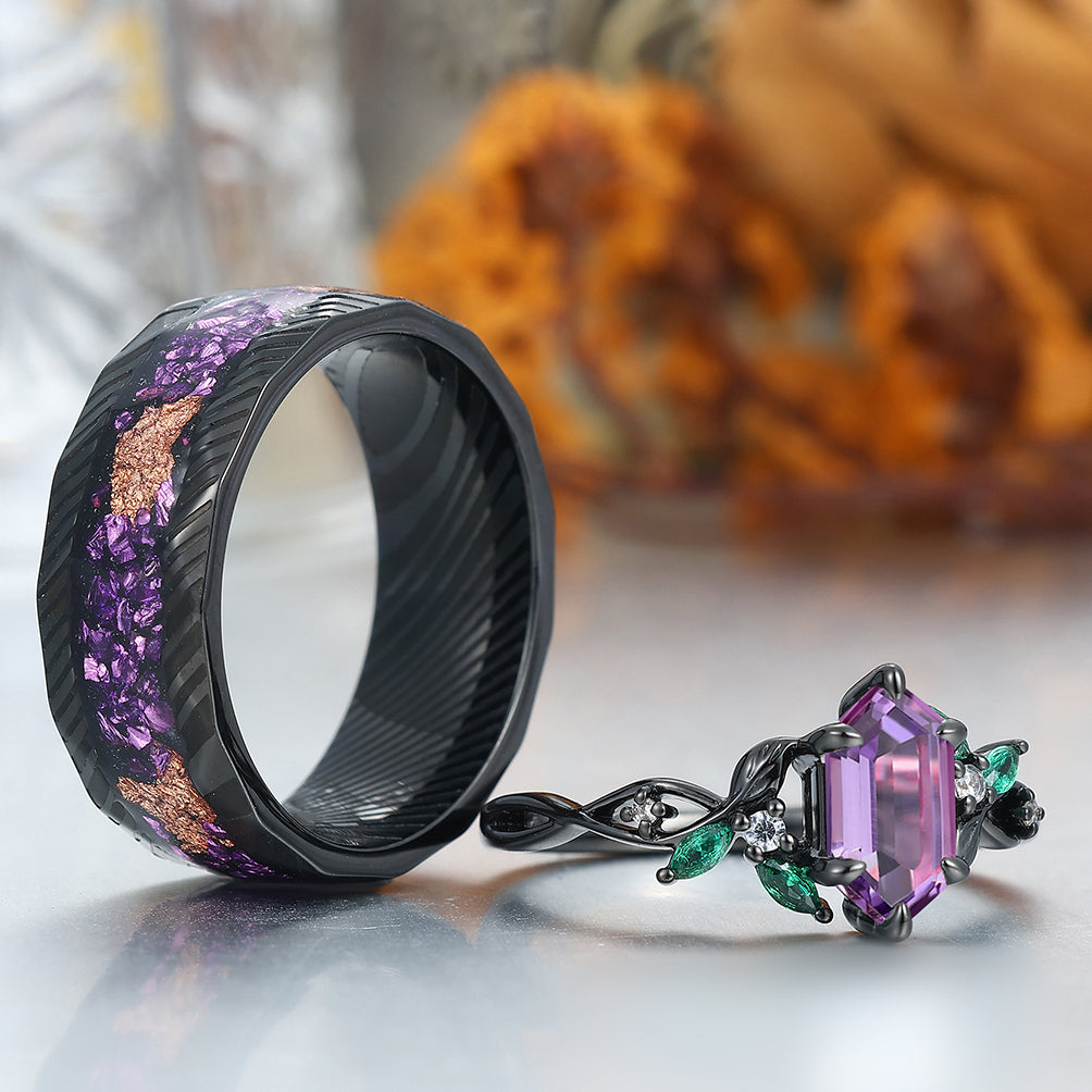 Gorgeous Natural Amethyst Curved Leaf Motifs Couple Rings S925 And Hammered Green Damascus Steel Couples' Set