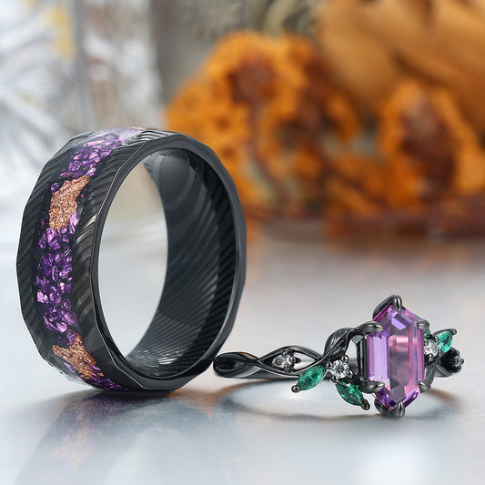 Gorgeous Natural  Amethyst Curved Leaf Motifs Couple Rings S925 And Hammered Green Damascus Steel Couples' Set