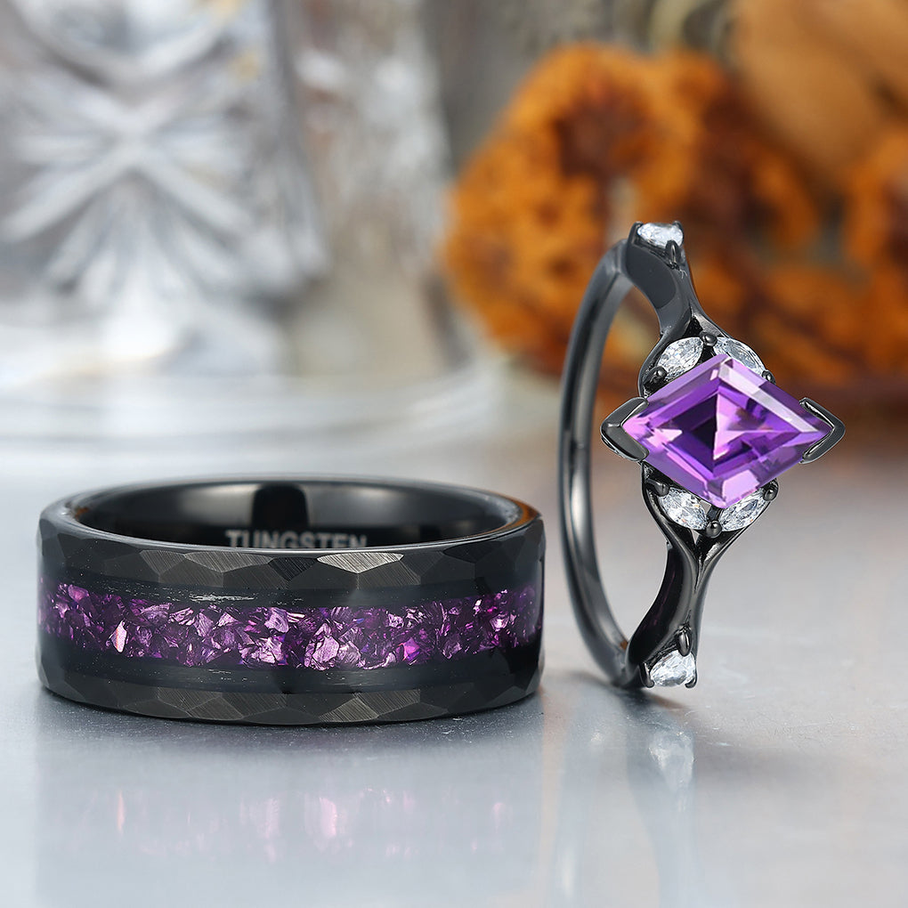 Stylish Rhombus Amethyst His And Her Wedding Bands Matching Hammered Personalized Couples' Set