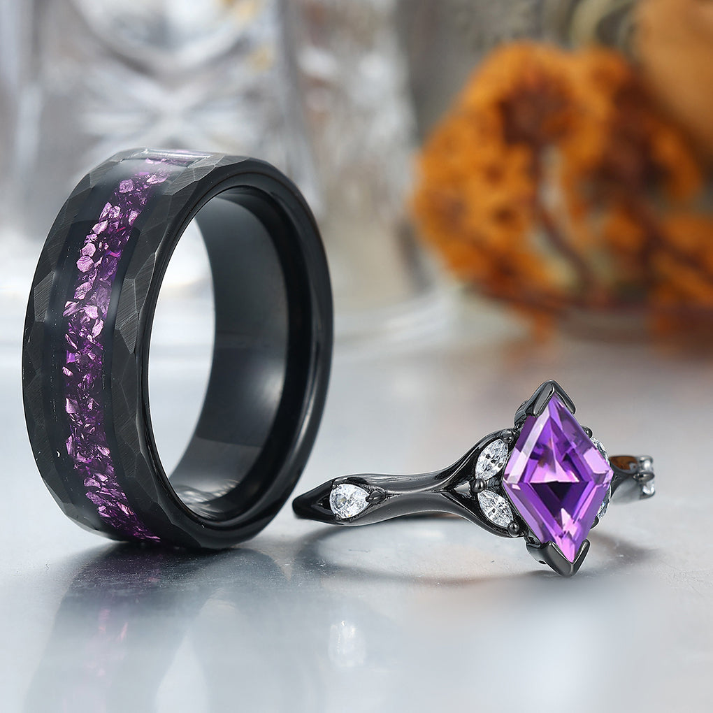 Stylish Rhombus Amethyst His And Her Wedding Bands Matching Hammered Personalized Couples' Set