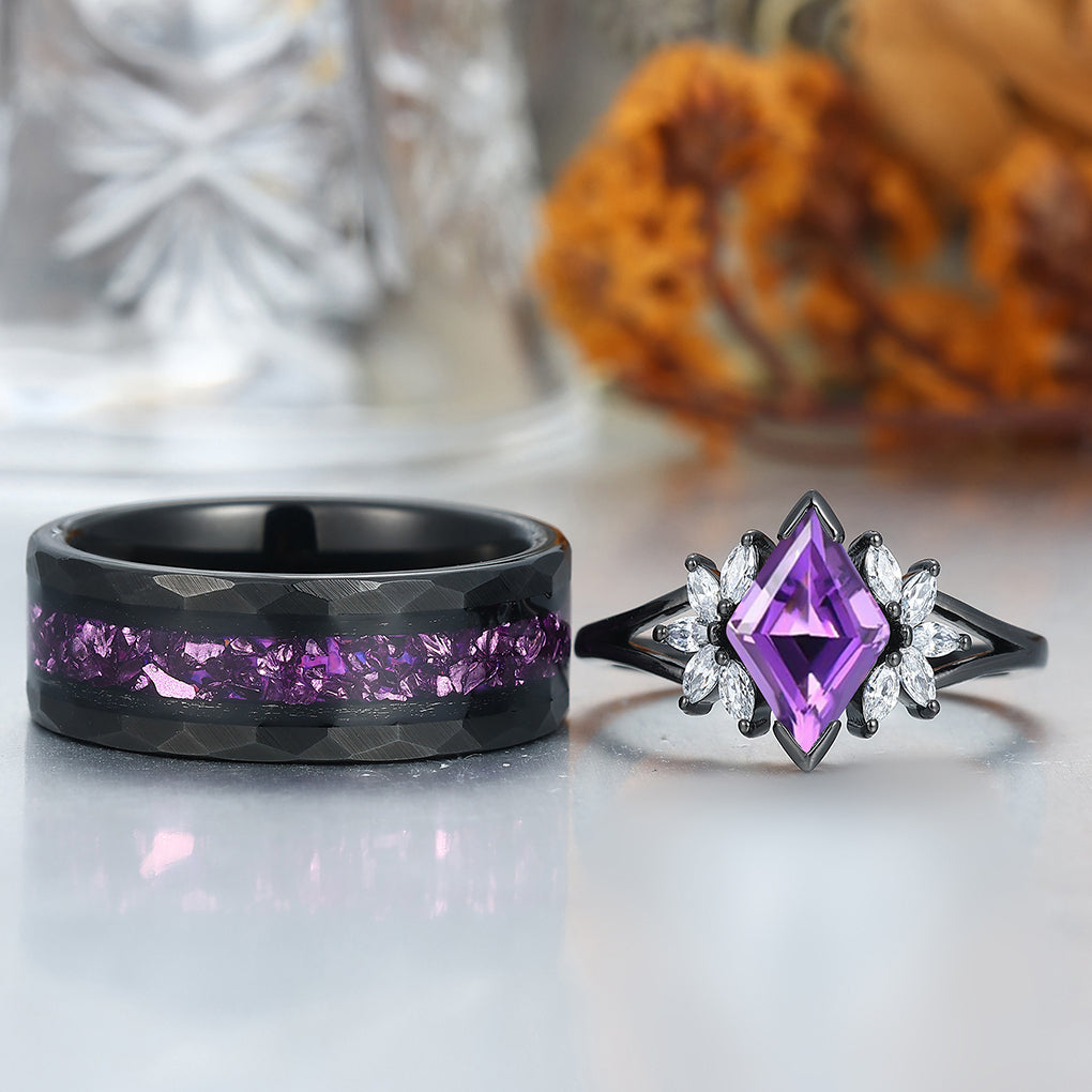 Artsy Amethyst Milgrain Ring Set For Couples Promise Blue Tungsten His and Hers Wedding Bands