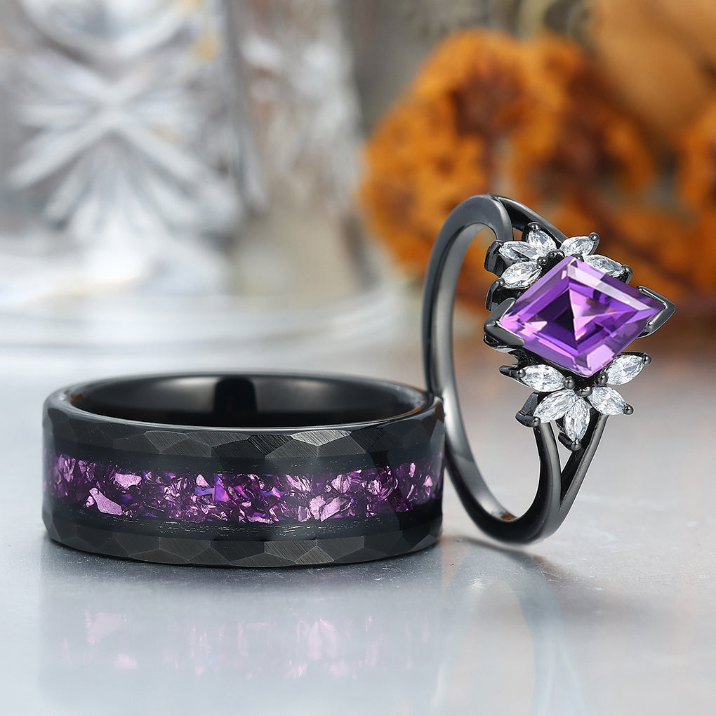 Artsy Amethyst Milgrain Ring Set For Couples Promise Blue Tungsten His and Hers Wedding Bands