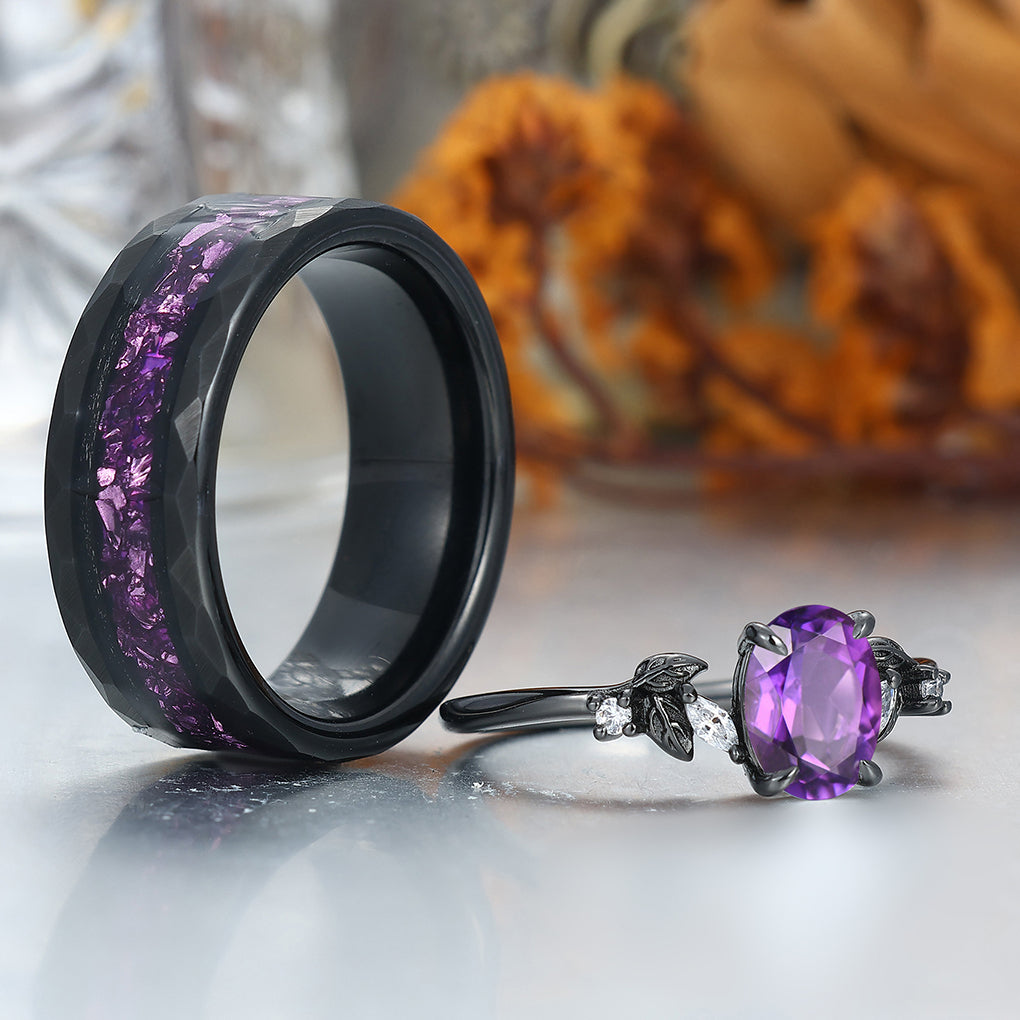 Dainty Natural Amethyst Leaves Couples Ring Set Amethyst Tungsten Inlay Matching Ring