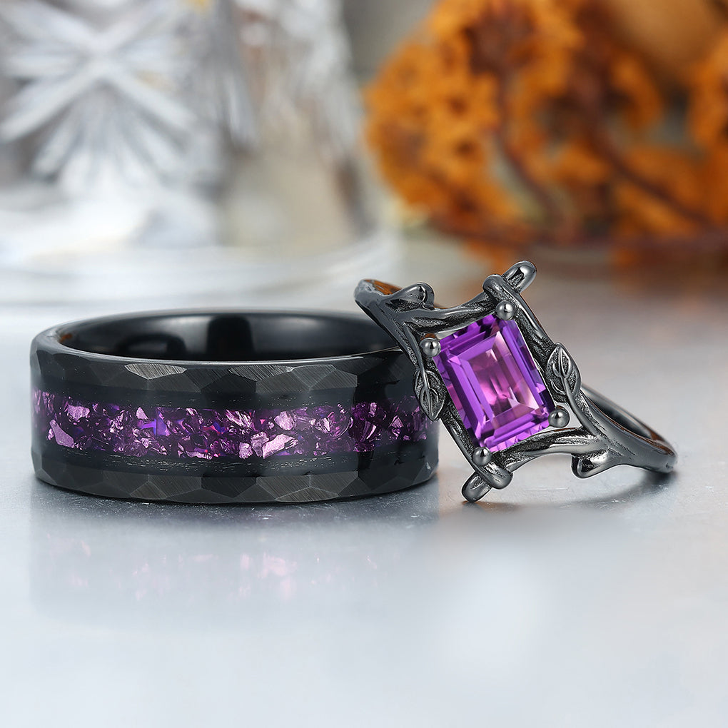 Branch Inspired Amethyst Embracing Couple Rings Purple His and Hers Ring Set