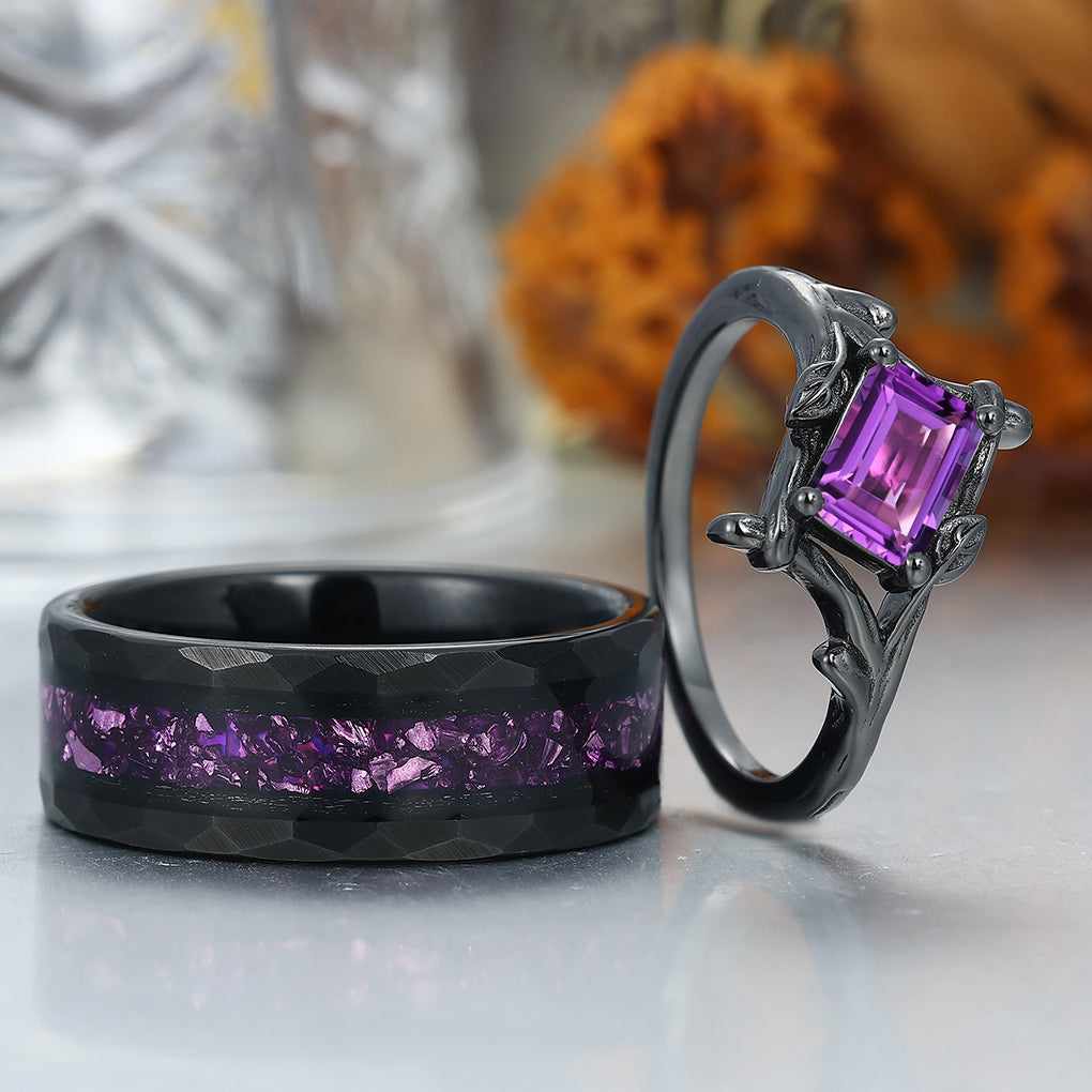 Branch Inspired Amethyst Embracing Couple Rings Purple His and Hers Ring Set