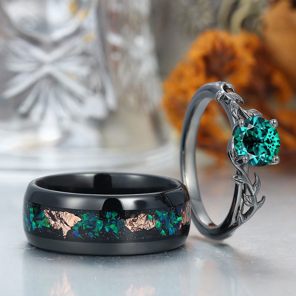 Solitaire 0.8CT Round CutLab Grown Emerald Engagement Couples Ring Set