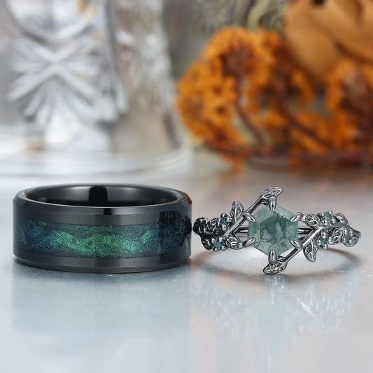 Moss Agate Engagement Couple Rings Galaxy Quicksand Inlay Tungsten Matching Wedding Rings
