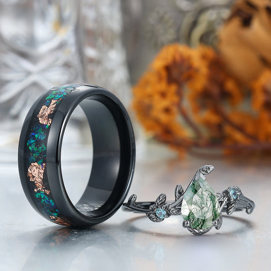 Classic Pear Emerald Leaves Vines Engagement Couple Rings Wedding Bands For Men And Women