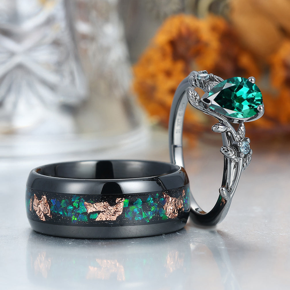 Classic Pear Lab Emerald Leaves Vines Engagement Couple Rings Wedding Bands For Men And Women