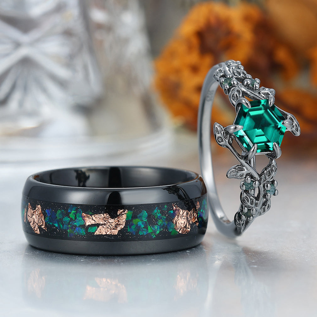 Lab Grown Emerald Couples Ring Set 925 Sterling Silver And Blue Tungsten Matching Ring