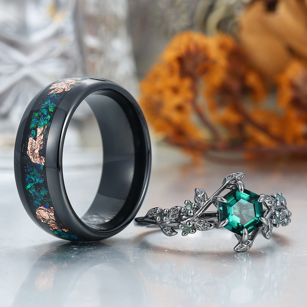 Lab Grown Emerald Couples Ring Set 925 Sterling Silver And Blue Tungsten Matching Ring