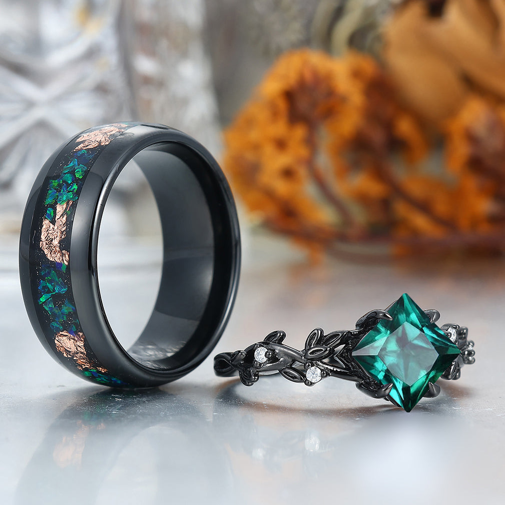 Alternative Emerald Curved Branch His And Hers Wedding Bands Green Tungsten Promise Rings For Couples