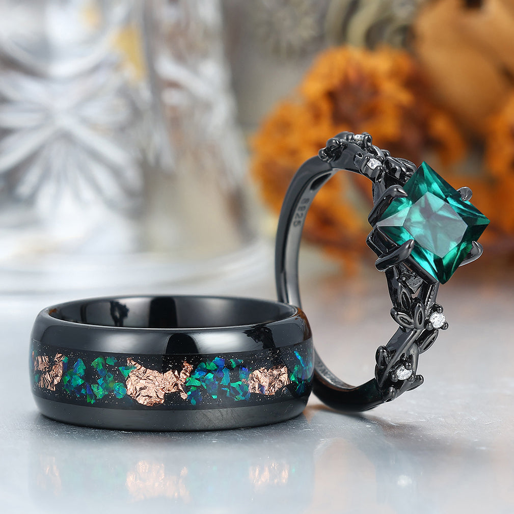 Alternative Emerald Curved Branch His And Hers Wedding Bands Green Tungsten Promise Rings For Couples
