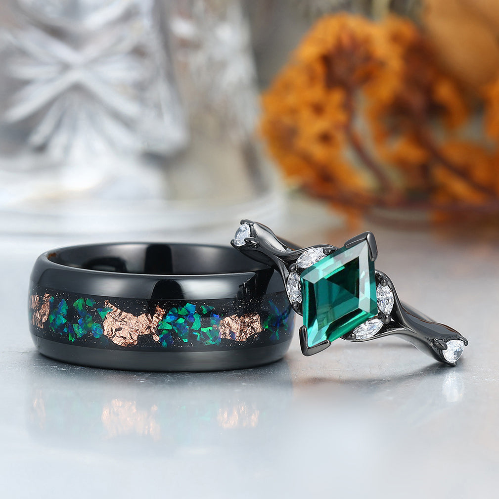 Art Deco Emerald Engagement Couples Rings Matching Green Gemstone Hammered Tungsten Matching Rings for Couples