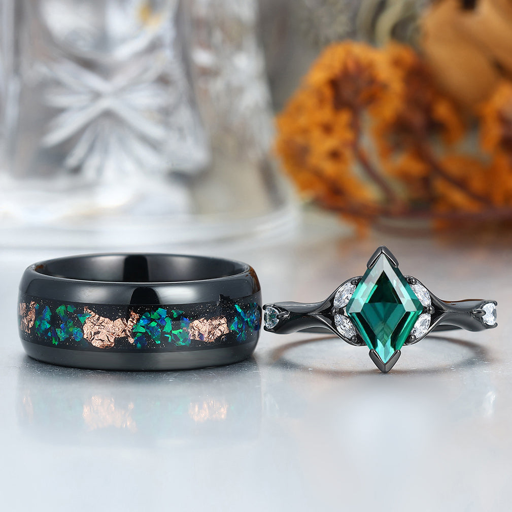 Art Deco Emerald Engagement Couples Rings Matching Green Gemstone Hammered Tungsten Matching Rings for Couples