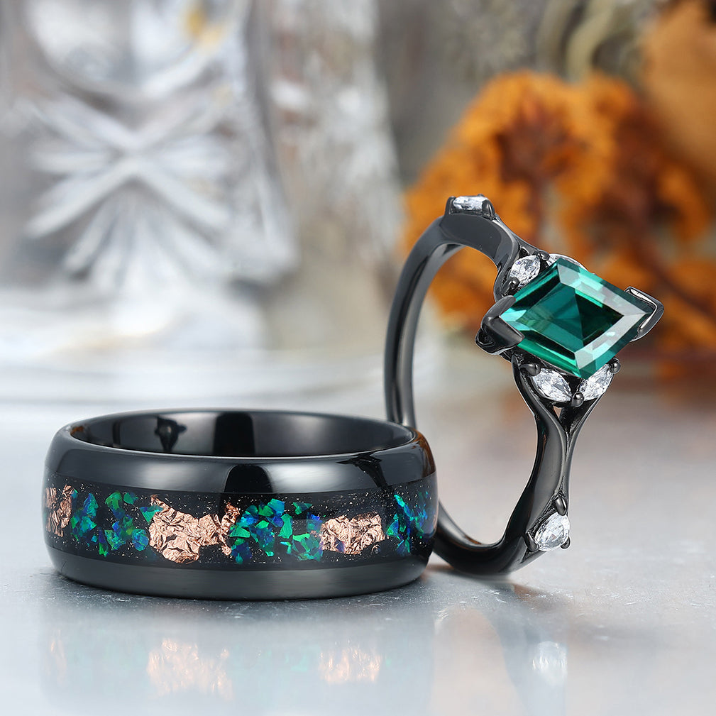 Art Deco Emerald Engagement Couples Rings Matching Green Gemstone Hammered Tungsten Matching Rings for Couples