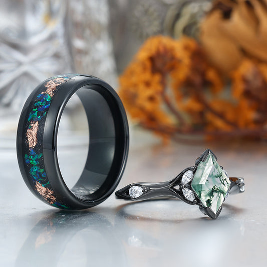 Art Deco Natural Moss Agate Engagement Couples Rings Matching Green Gemstone Hammered Tungsten Matching Rings for Couples