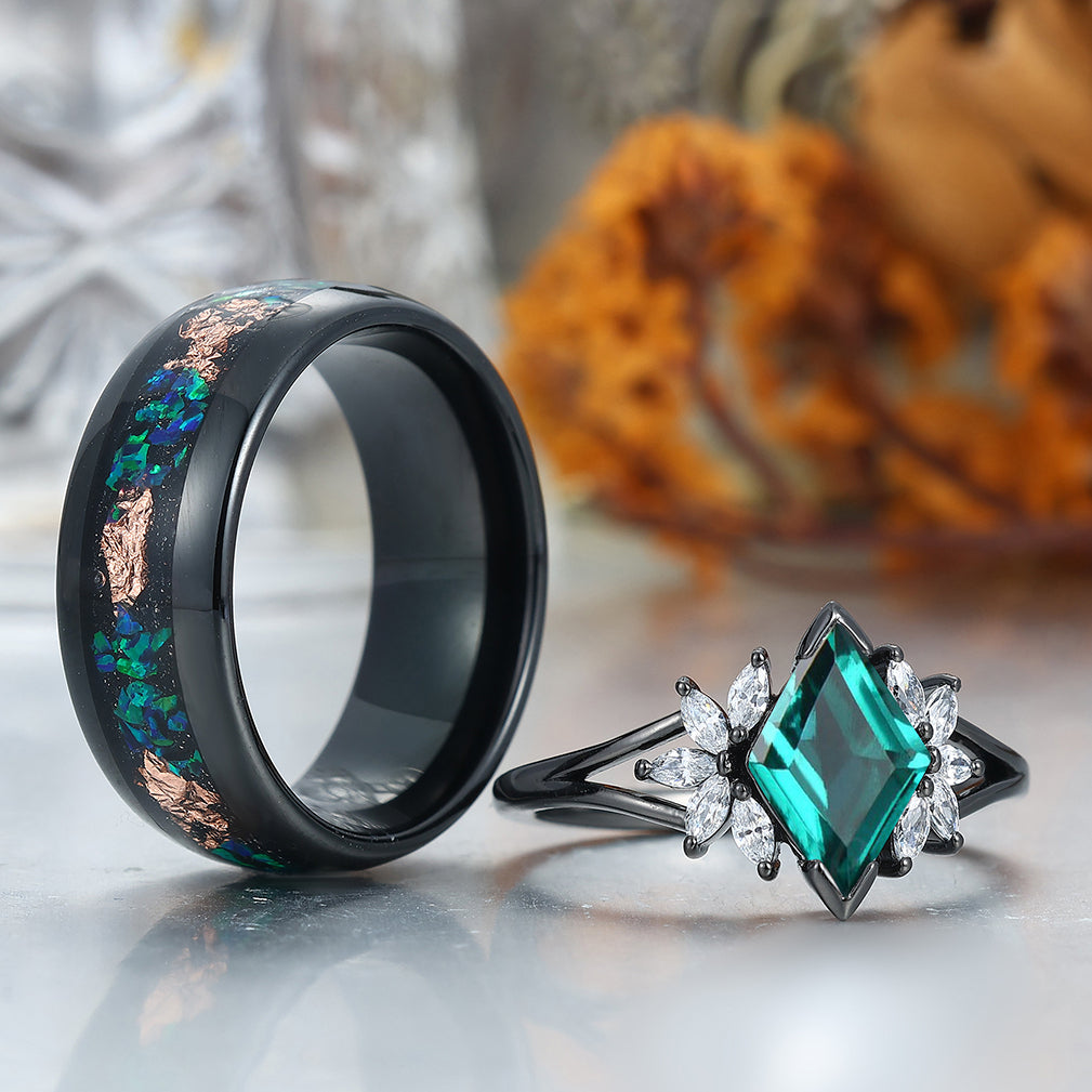 Romantic Emerald Engagement Couple Rings Set Promise Black Tungsten Wedding Ring Set