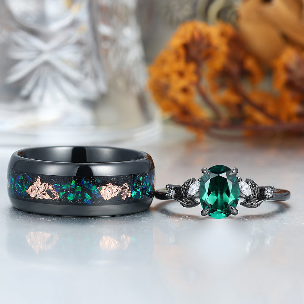 Noble Oval Cut Emerald Branches Leaves Couples Ring Set Green Tungsten Matching Ring