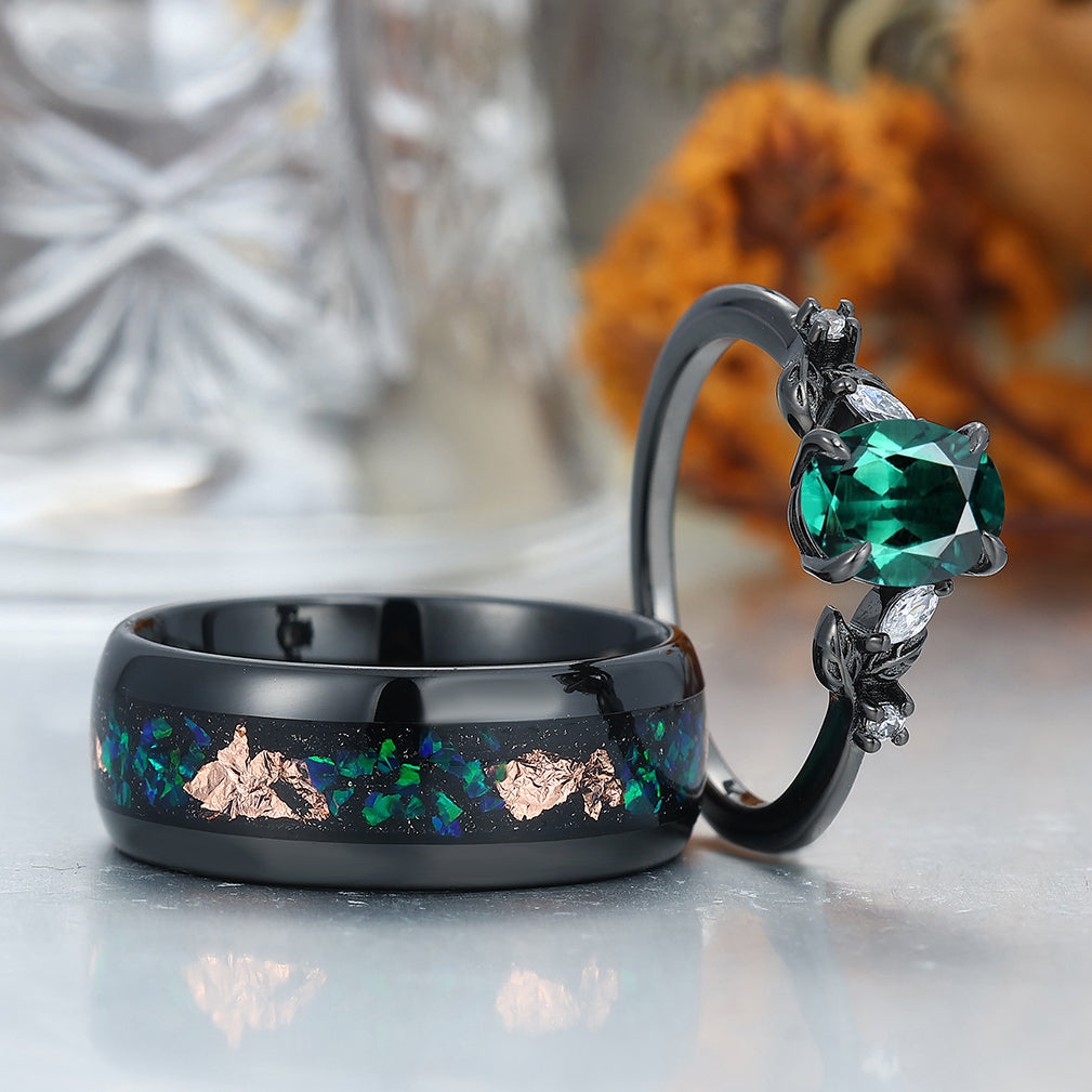 Noble Oval Cut Emerald Branches Leaves Couples Ring Set Green Tungsten Matching Ring