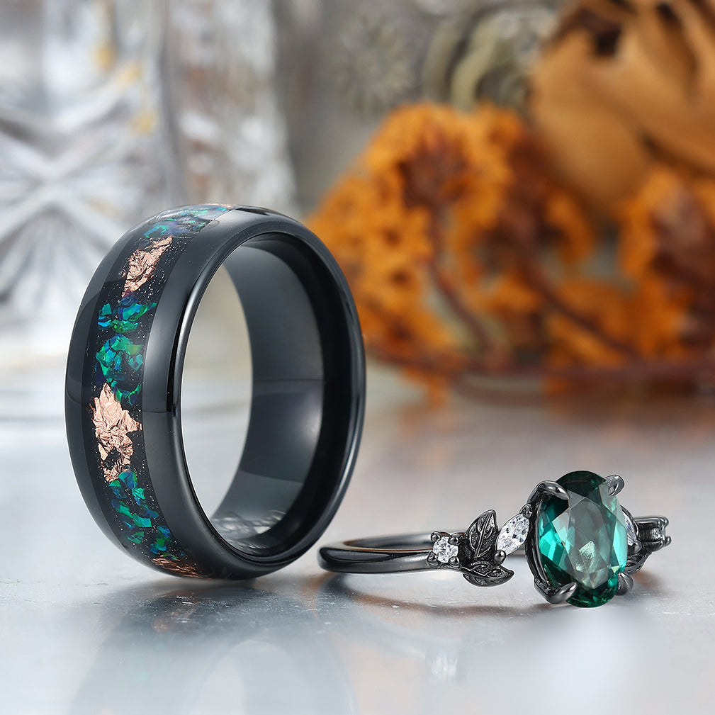 Noble Oval Cut Emerald Branches Leaves Couples Ring Set Green Tungsten Matching Ring