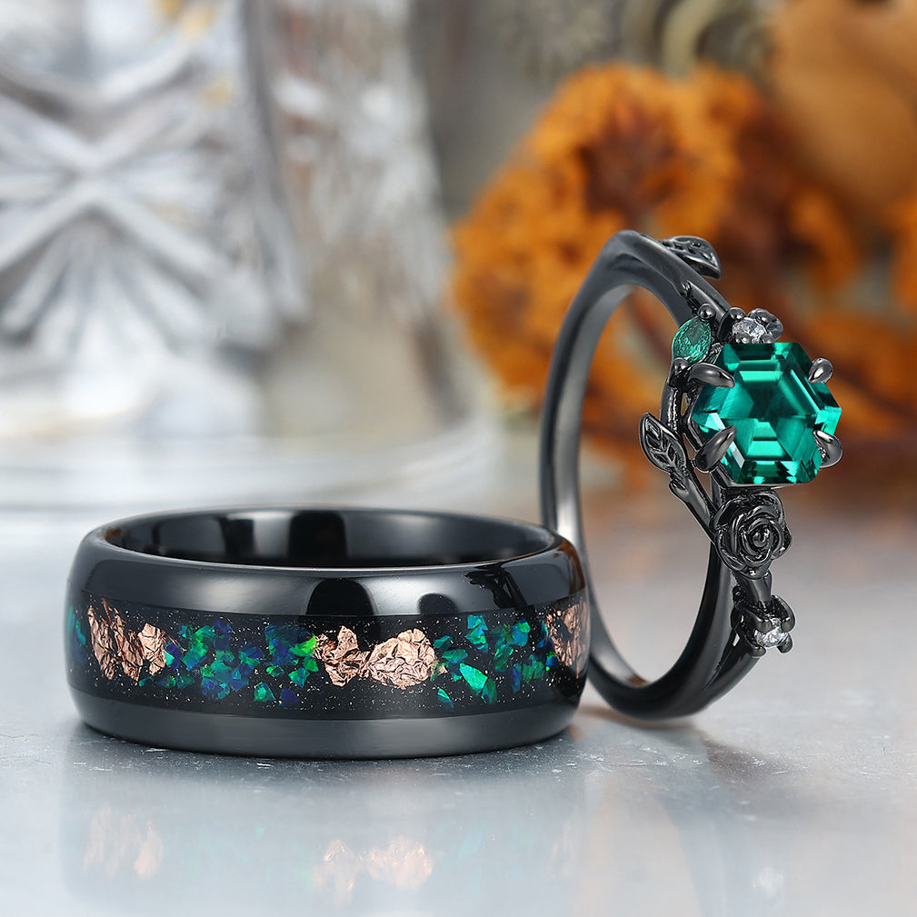 Dainty Emerald Rose And Leaf Carved Engagement Couple Rings Wire Drawed Tungsten Band