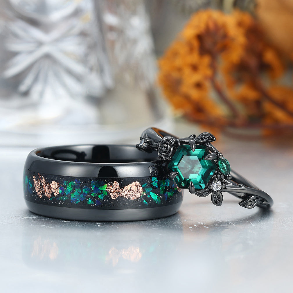 Dainty Emerald Rose And Leaf Carved Engagement Couple Rings Wire Drawed Tungsten Band