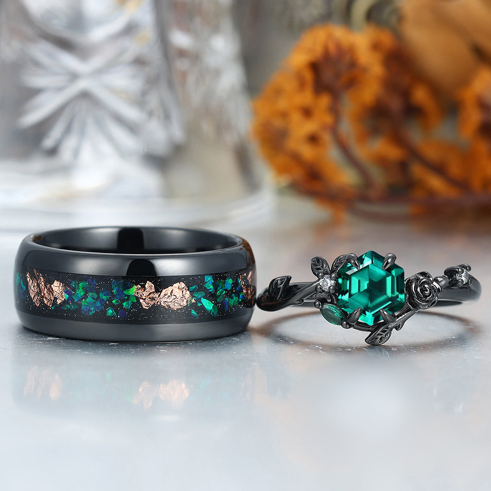 Dainty Emerald Rose And Leaf Carved Engagement Couple Rings Wire Drawed Tungsten Band