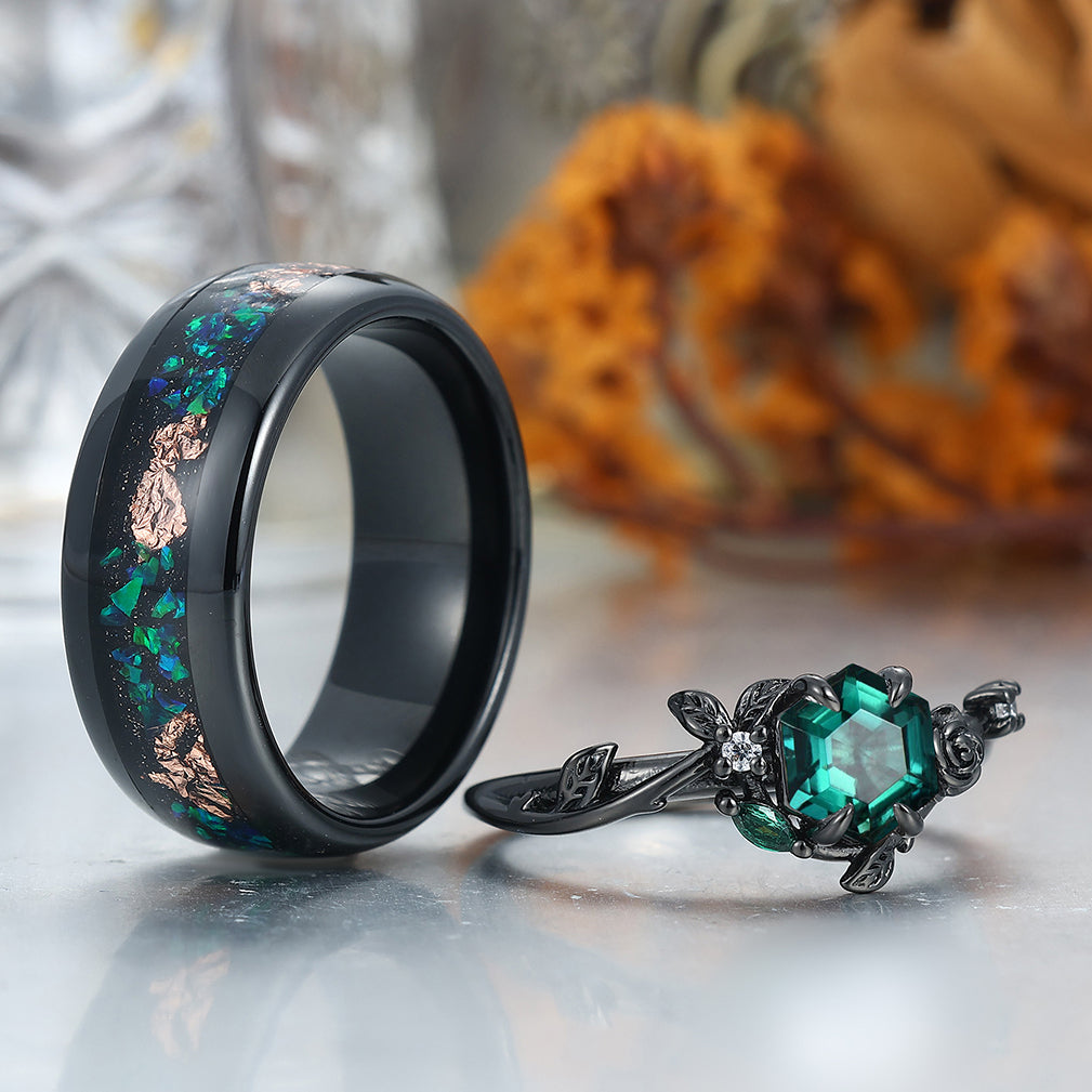 Dainty Emerald Rose And Leaf Carved Engagement Couple Rings Wire Drawed Tungsten Band