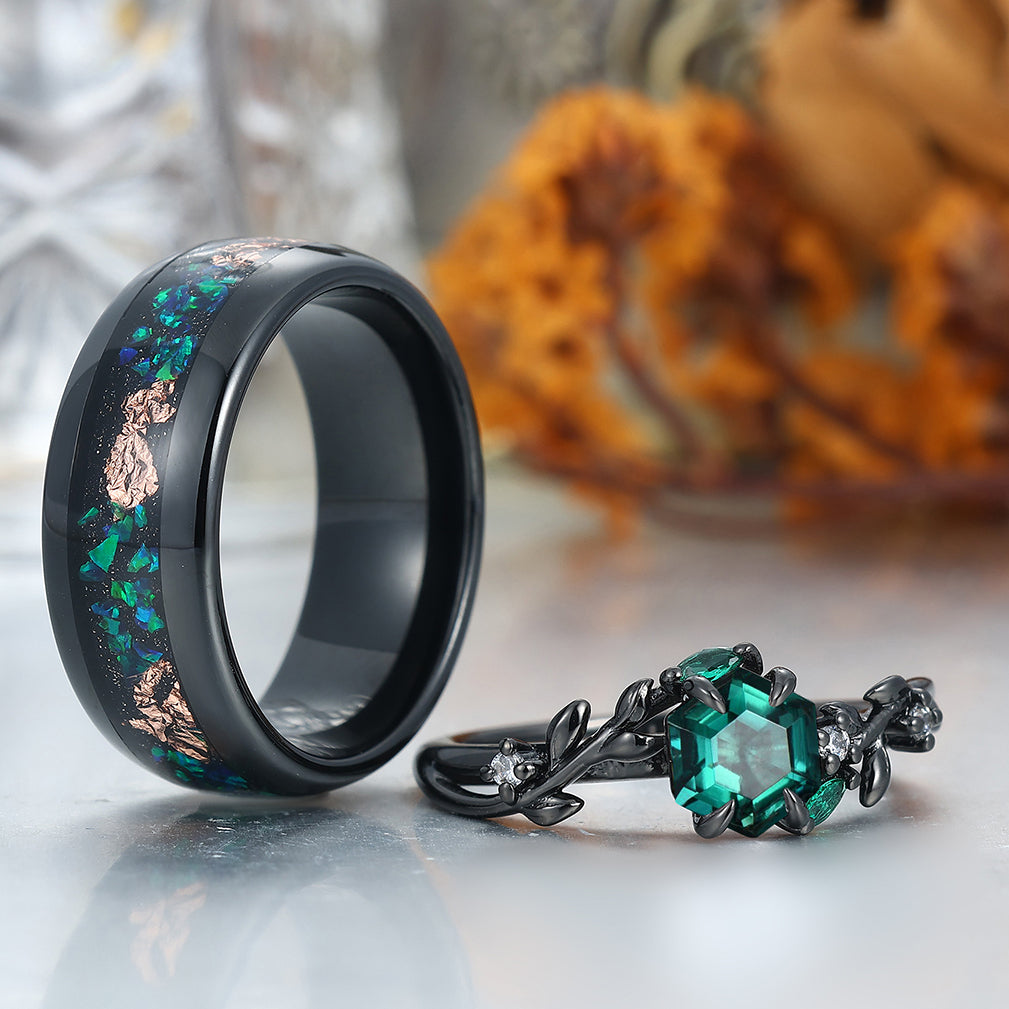 Unique Emerald Couples Ring Set Wood Matching Ring His and Hers Wedding Ring Set