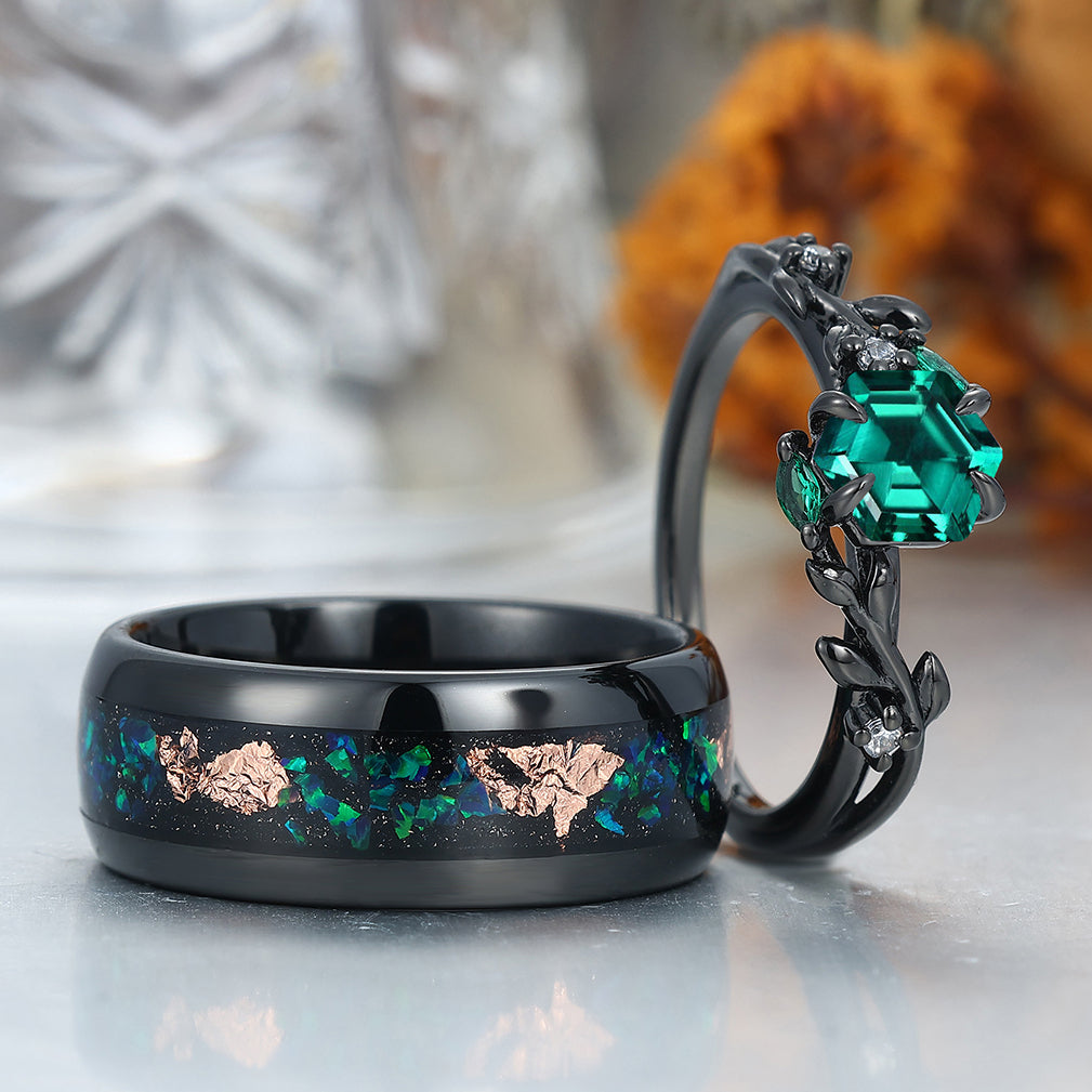Unique Emerald Couples Ring Set Wood Matching Ring His and Hers Wedding Ring Set
