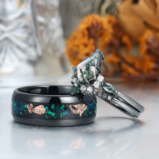 Vintage Kite Green Moss Agate Ring Couples Ring Set Sliver His and Hers Wedding Band