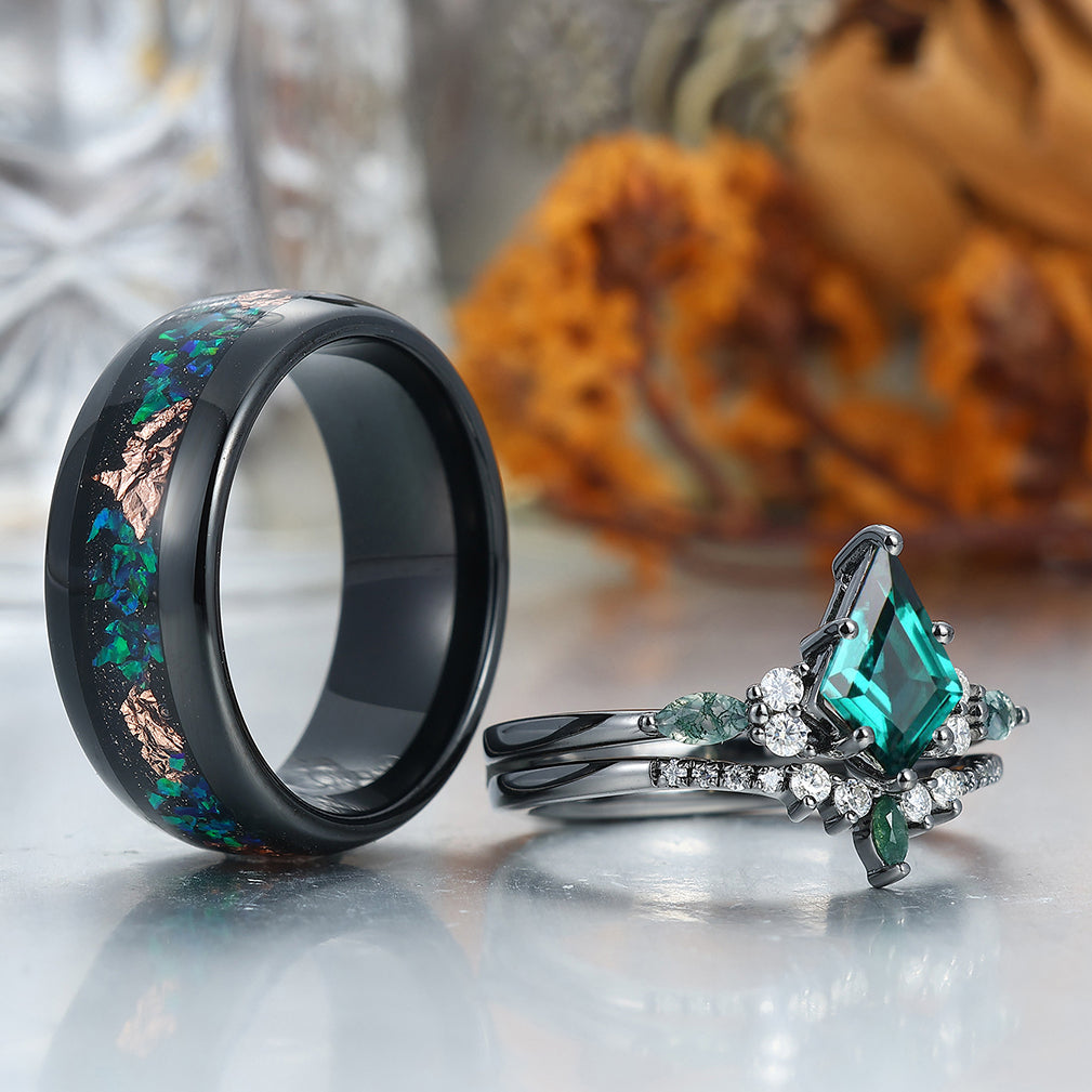 Vintage Kite Emerald Ring Couples Ring Set Sliver His and Hers Wedding Band