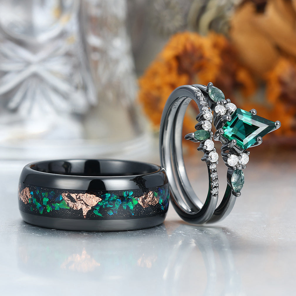Vintage Kite Emerald Ring Couples Ring Set Sliver His and Hers Wedding Band