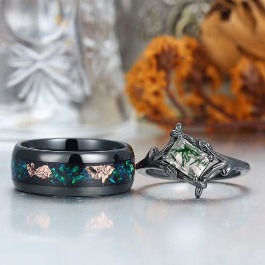 Branches Natural Moss Agate Rings For Couples Matching Promise Peacock Green Opal Tungsten Ring