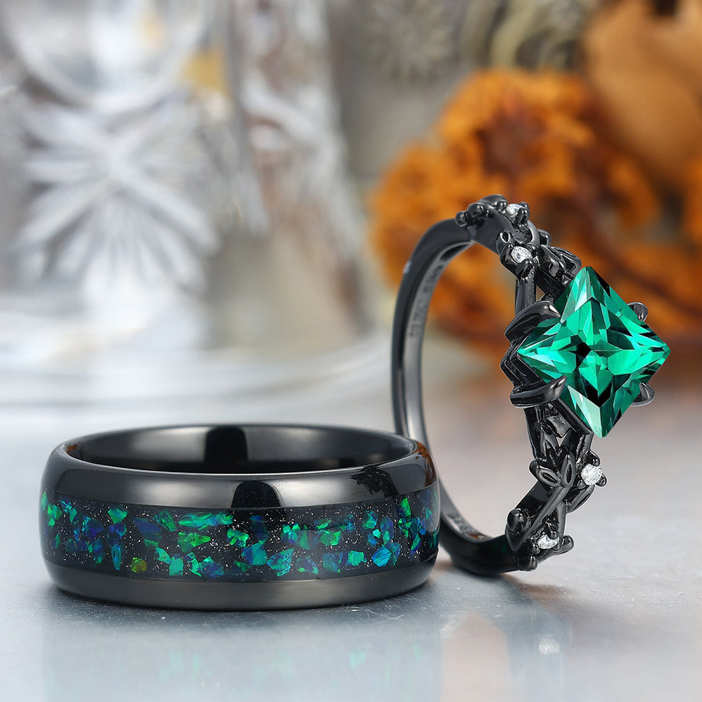 Interlaced Leaf Branches Emerald Engagement Rings For Couples Matching Green Tungsten Wedding Bands
