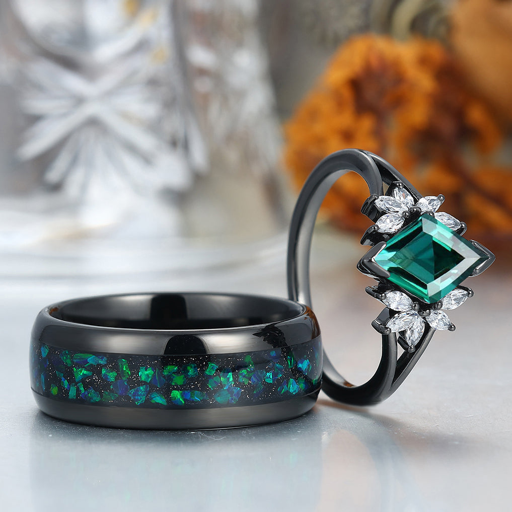 Romantic Emerald Petal Engagement Couple Rings Promise Black Tungsten Wedding Band