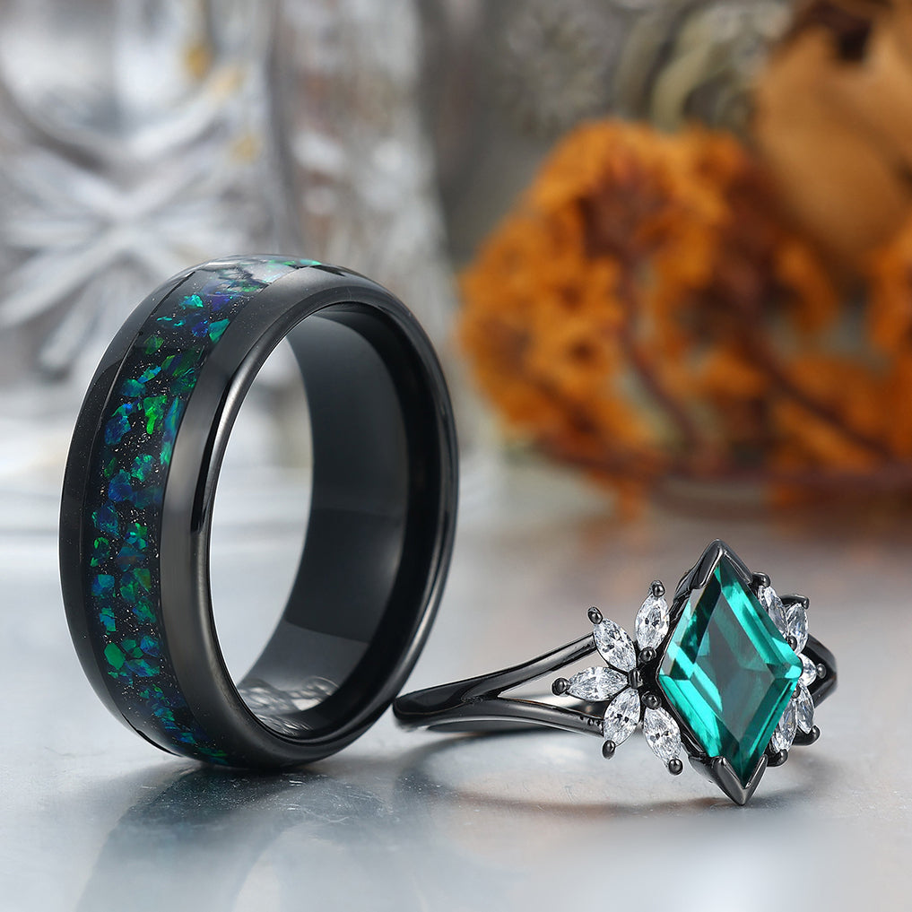 Romantic Emerald Petal Engagement Couple Rings Promise Black Tungsten Wedding Band