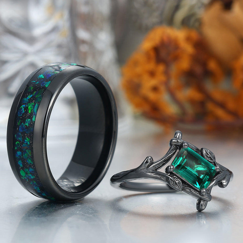 Solitaire Emerald Branch Engagement Couple Rings Matching Tungsten Marriage Ring