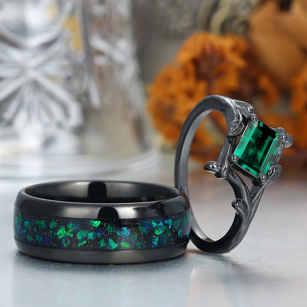 Solitaire Emerald Branch Engagement Couple Rings Matching Tungsten Marriage Ring