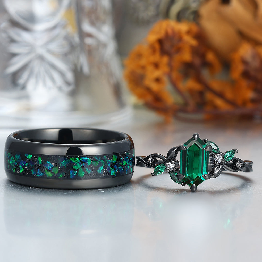 Personalized Emerald Blade Hollow Engagement Couple Rings Colorful Tungsten Wedding Band