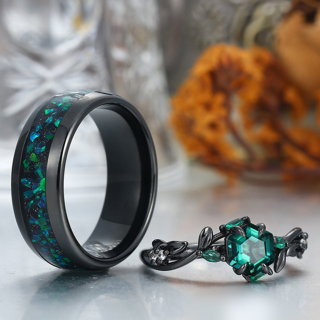 Dainty Emerald Sprigs Engagement Couple Rings Set Promise Green Tungsten Matching Rings