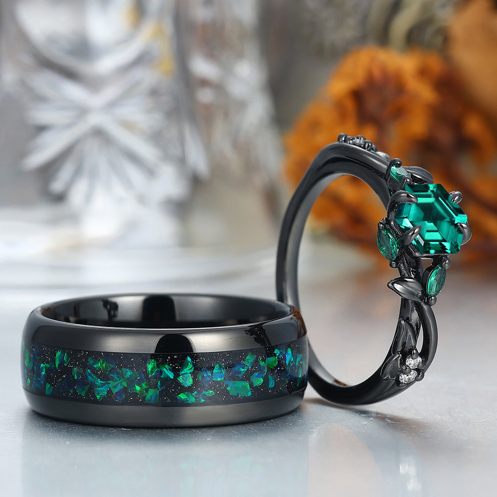 Dainty Emerald Sprigs Engagement Couple Rings Set Promise Green Tungsten Matching Rings