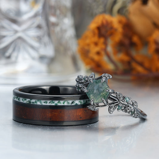 Moss Agate Sprigs Engagement Couple Rings Wood Tungsten Matching Wedding Rings