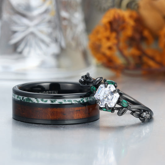 Moissanite Sprigs Engagement Couple Rings Wood Tungsten Matching Wedding Rings