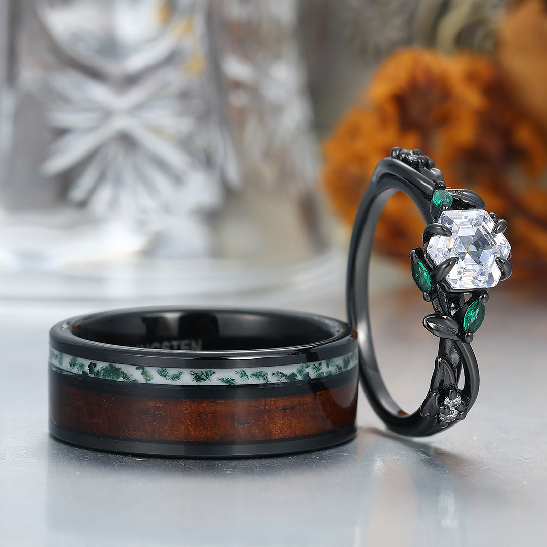 Moissanite Sprigs Engagement Couple Rings Wood Tungsten Matching Wedding Rings