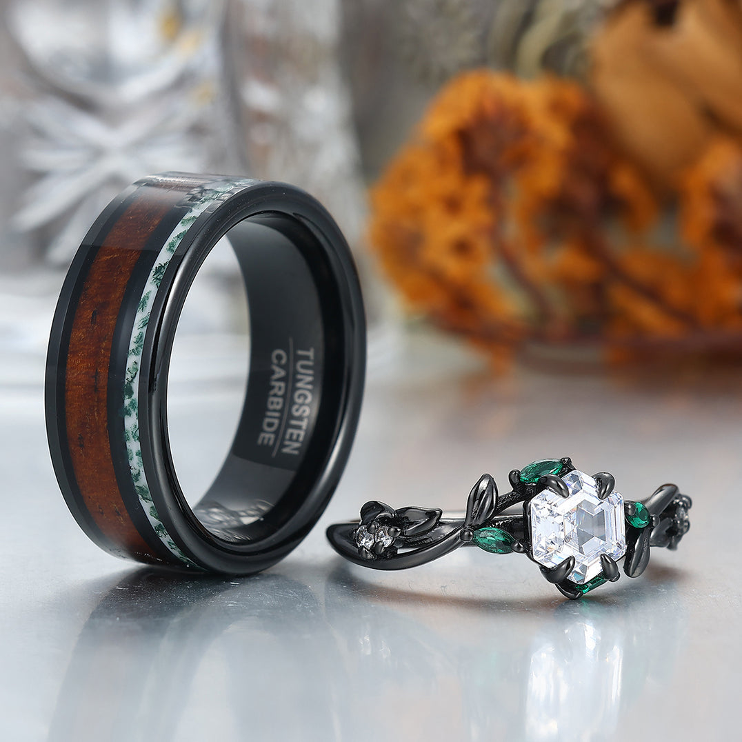 Moissanite Sprigs Engagement Couple Rings Wood Tungsten Matching Wedding Rings