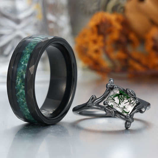 Solitaire Branches Natural Moss Agate Rings For Couples Matching Promise Hammered Tungsten Ring
