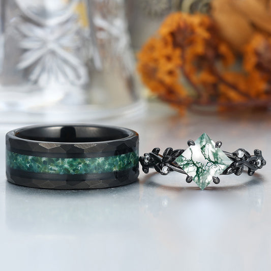 Fascinating Moss Agate Engagement Couples Ring 925 Sterling Silver And Tungsten Matching Ring