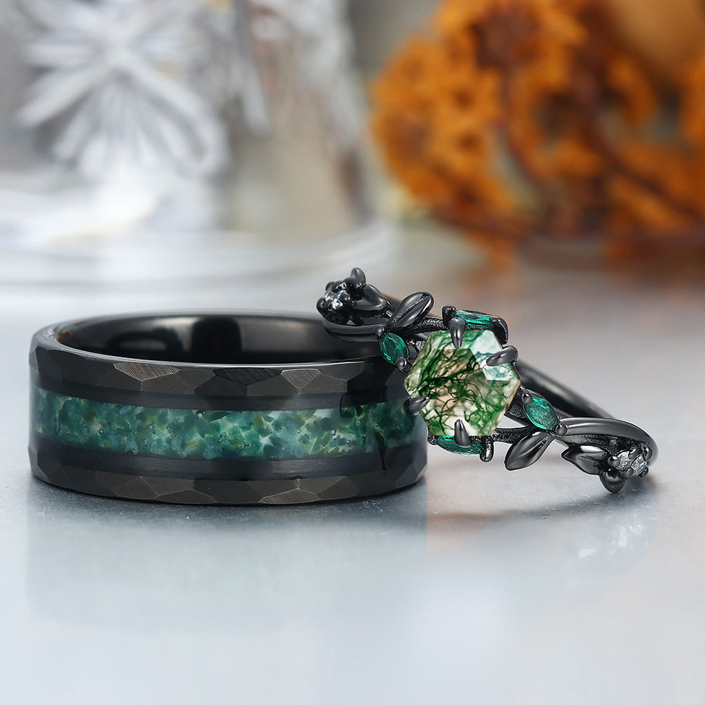 Exquisite Moss Agate Sprigs Engagement Couple Rings Promise Green Tungsten Wedding Rings